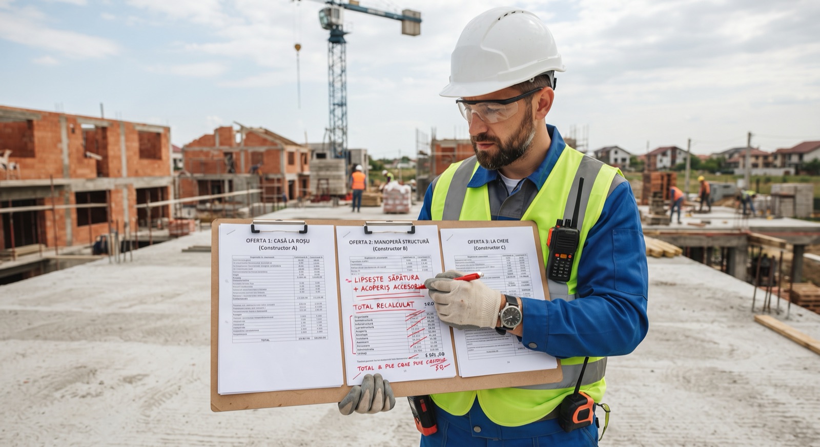 Constructor pe șantier comparând trei oferte de construcție prinse pe un clipboard