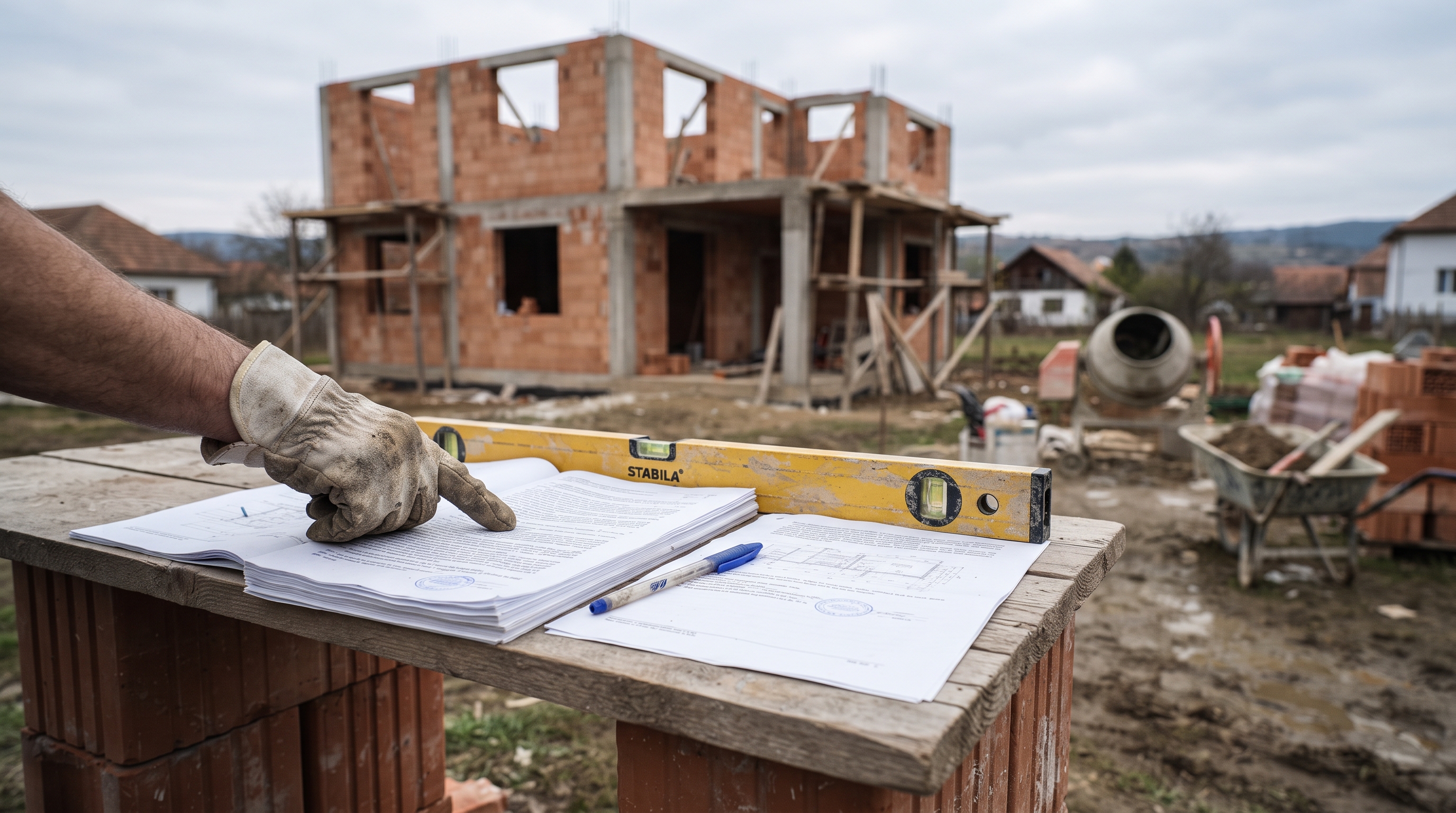 Două oferte de construcție pe o masă improvizată de șantier, în fața unei case la roșu fără acoperiș